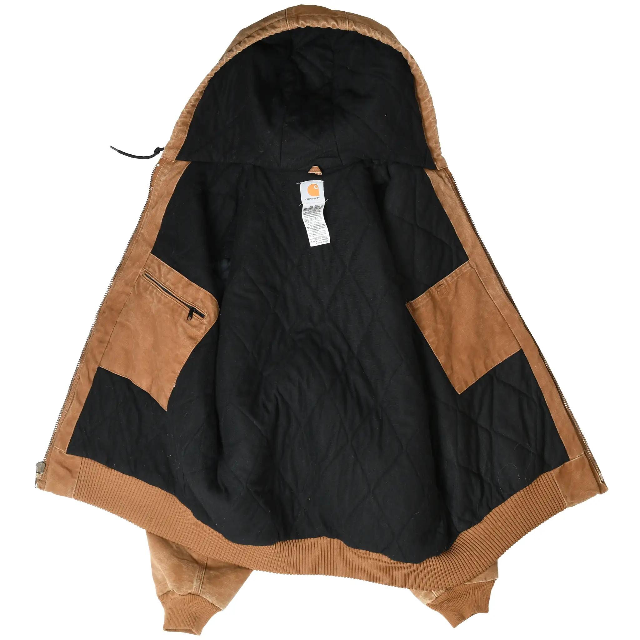 Open Carhartt Active Jacket showing black quilted lining, interior pockets, and label