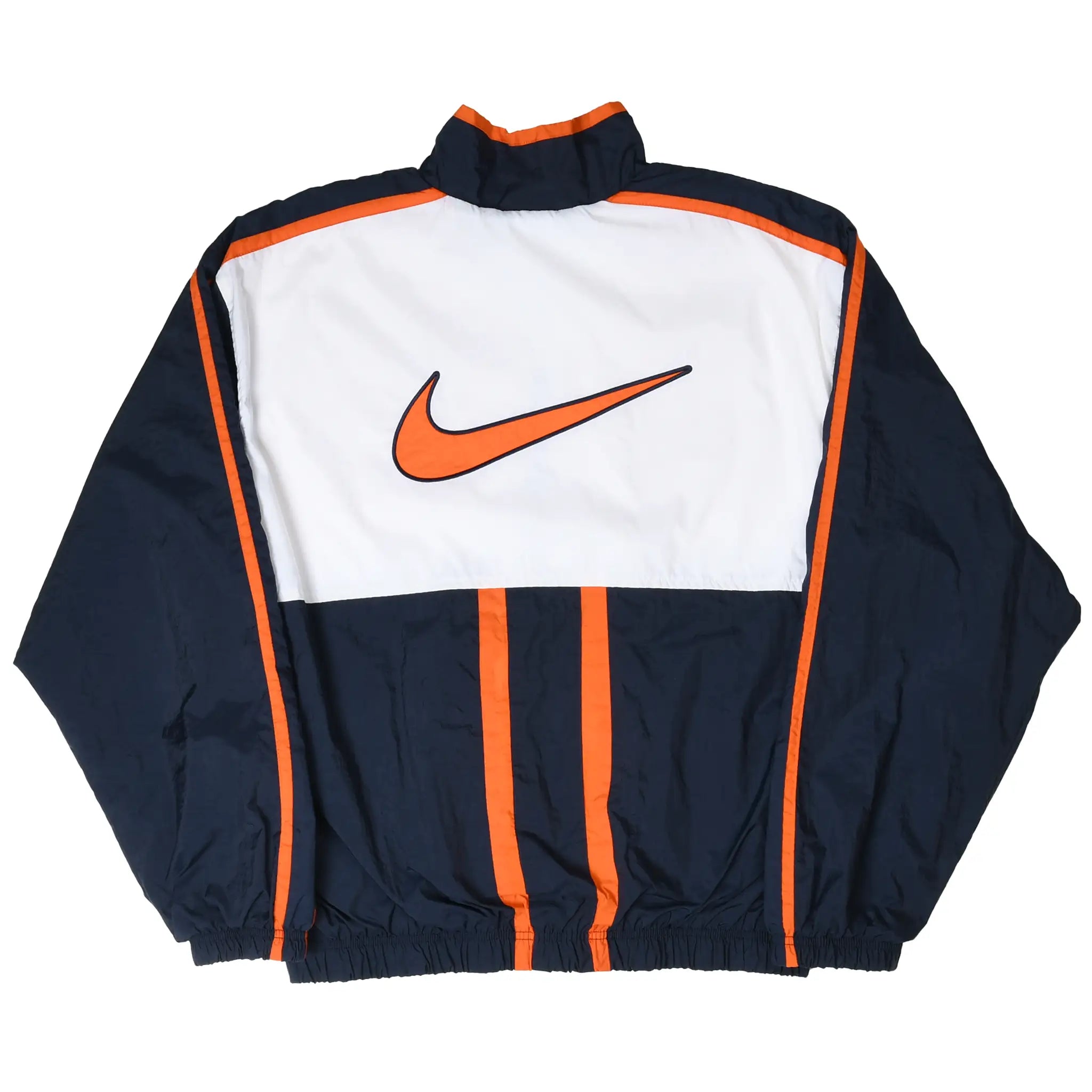 Back of Nike windbreaker with large orange Swoosh and orange stripes on navy and white panels