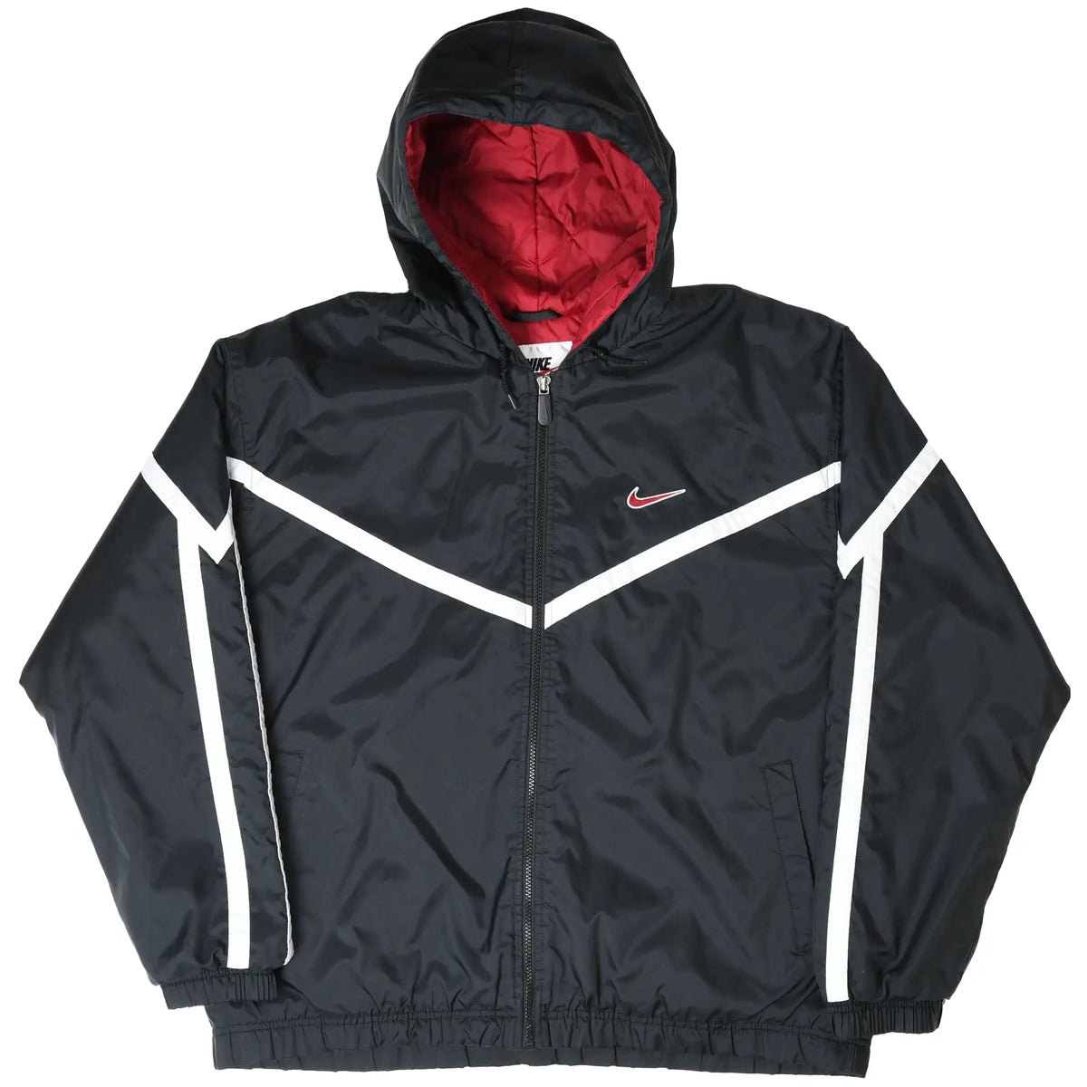 Front of black Nike zip-up windbreaker with white V stripes and red-lined hood