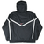 Back of black Nike hooded windbreaker with white chevron stripes and embroidered Swoosh