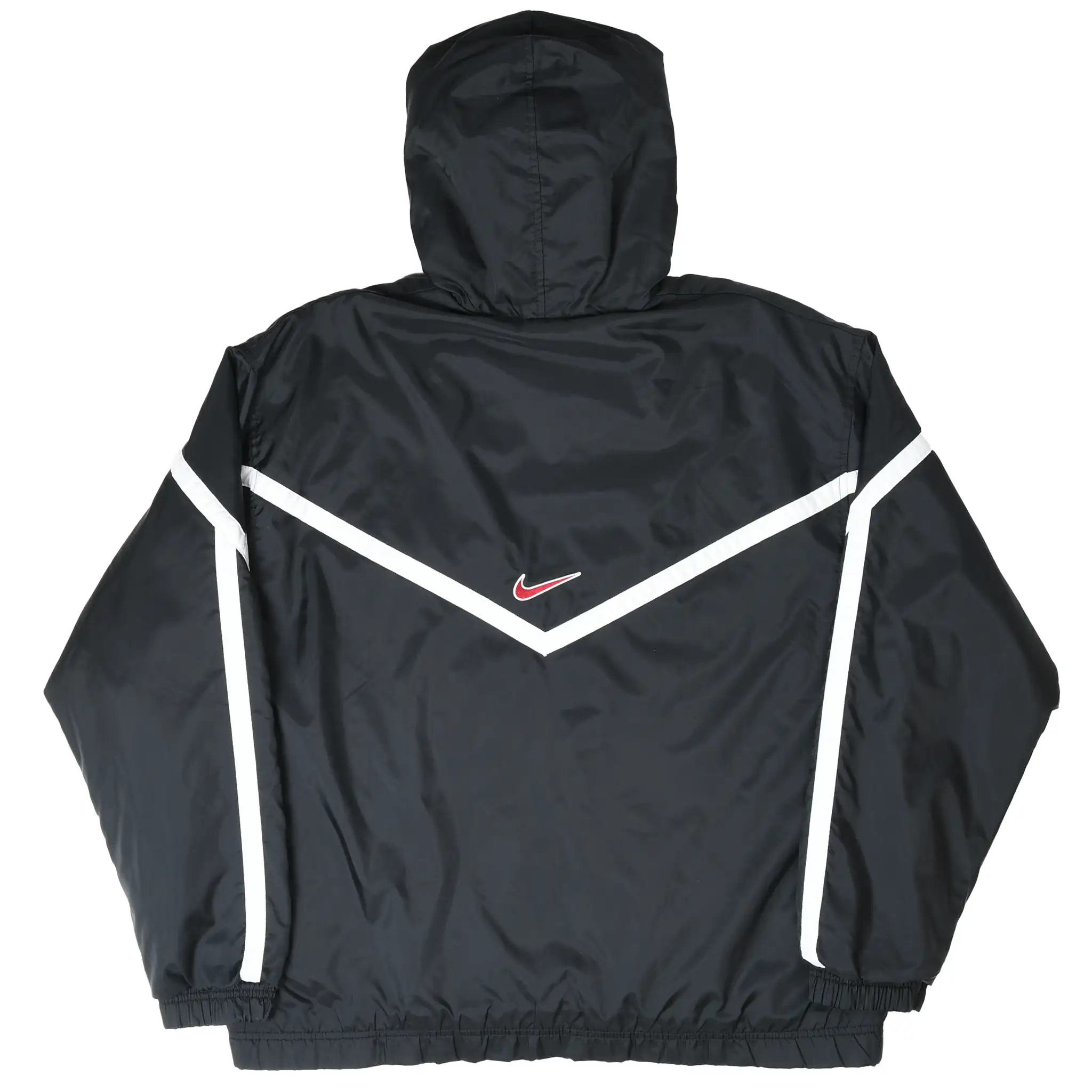 Back of black Nike hooded windbreaker with white chevron stripes and embroidered Swoosh