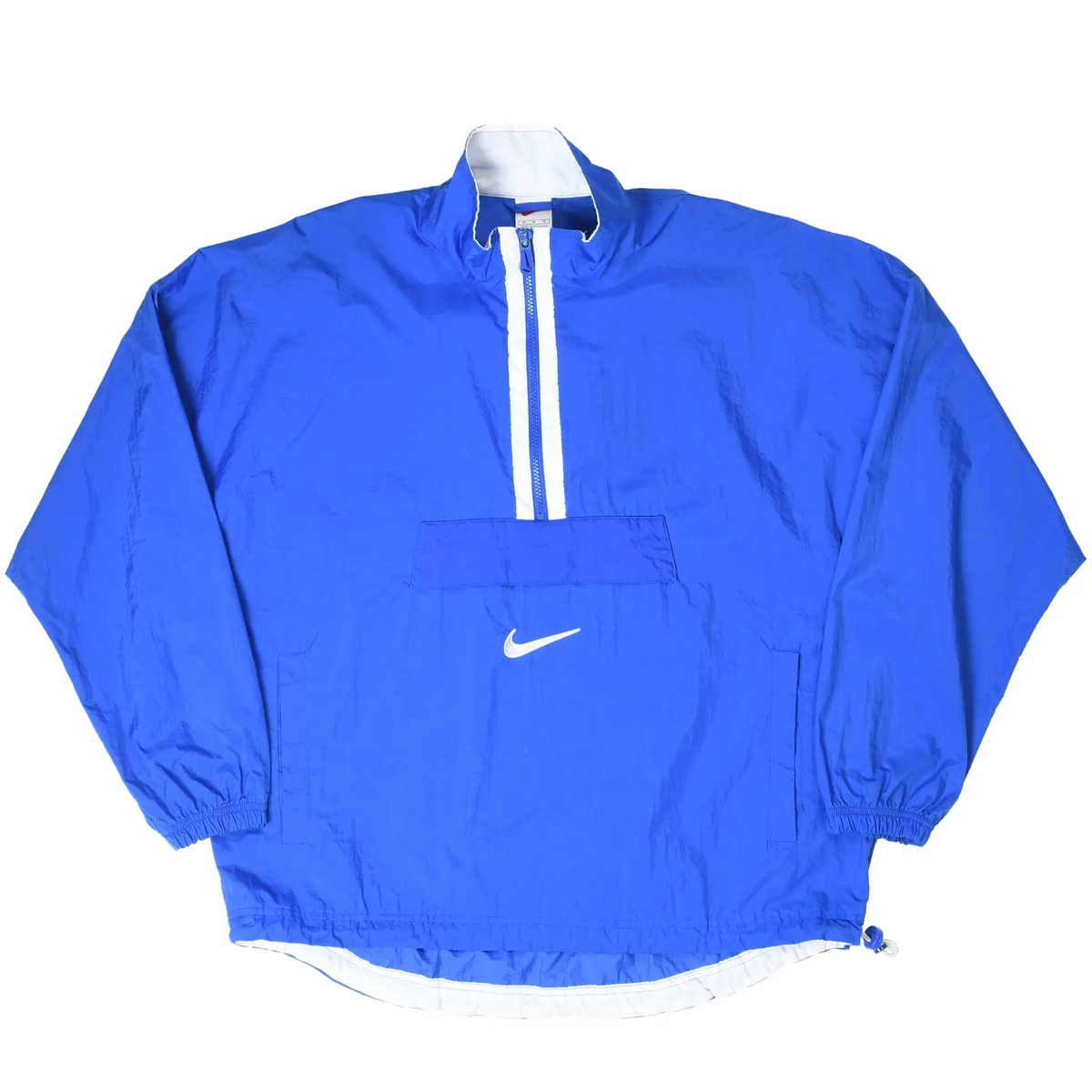 Full front of blue Nike pullover windbreaker with white quarter zip and pouch pocket