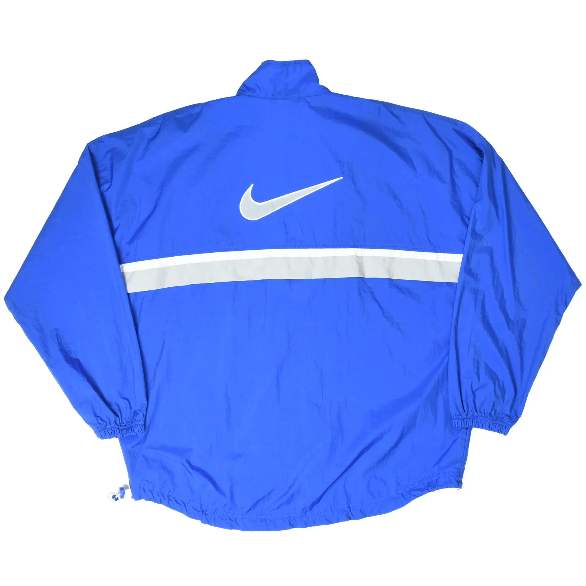 Back of blue Nike pullover windbreaker with large white Swoosh and horizontal stripe