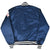 Back of navy New York Yankees Starter satin bomber jacket with striped trim