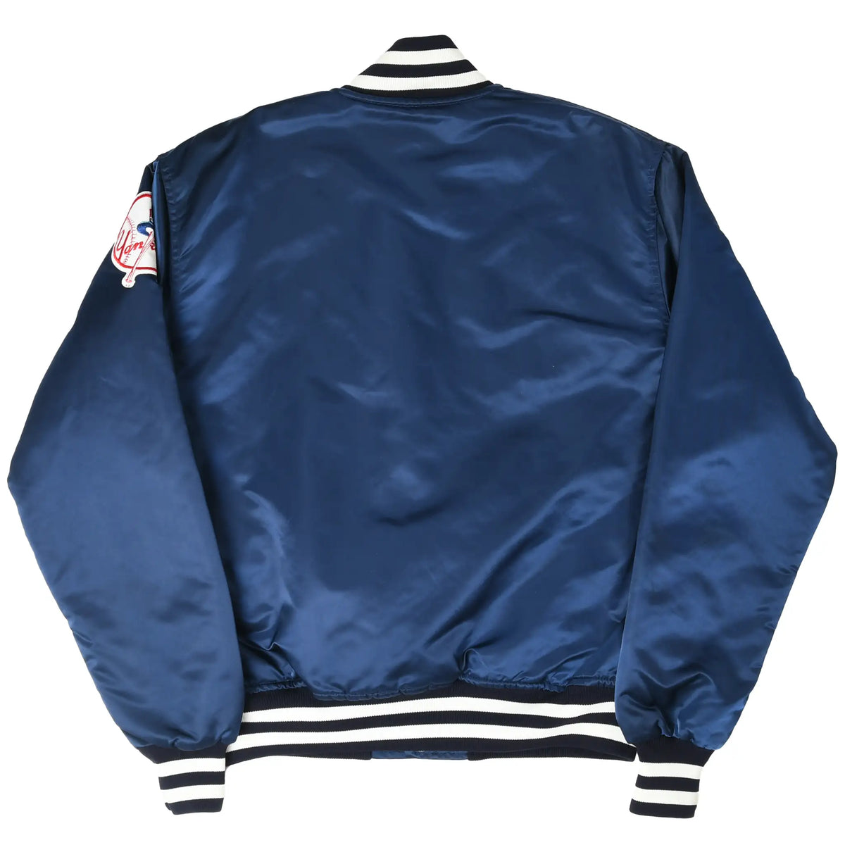 Back of navy New York Yankees Starter satin bomber jacket with striped trim