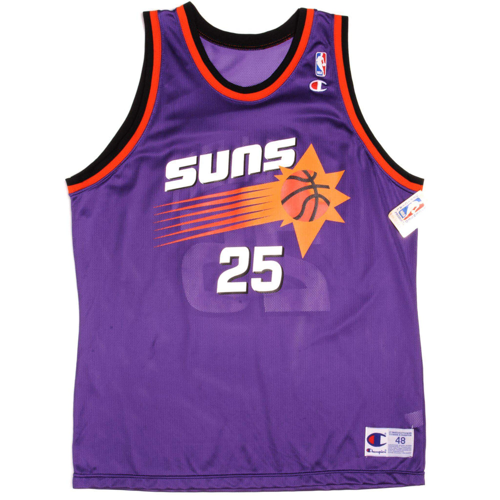 Purple Champion Phoenix Suns number 25 jersey with sunburst graphic and size tag