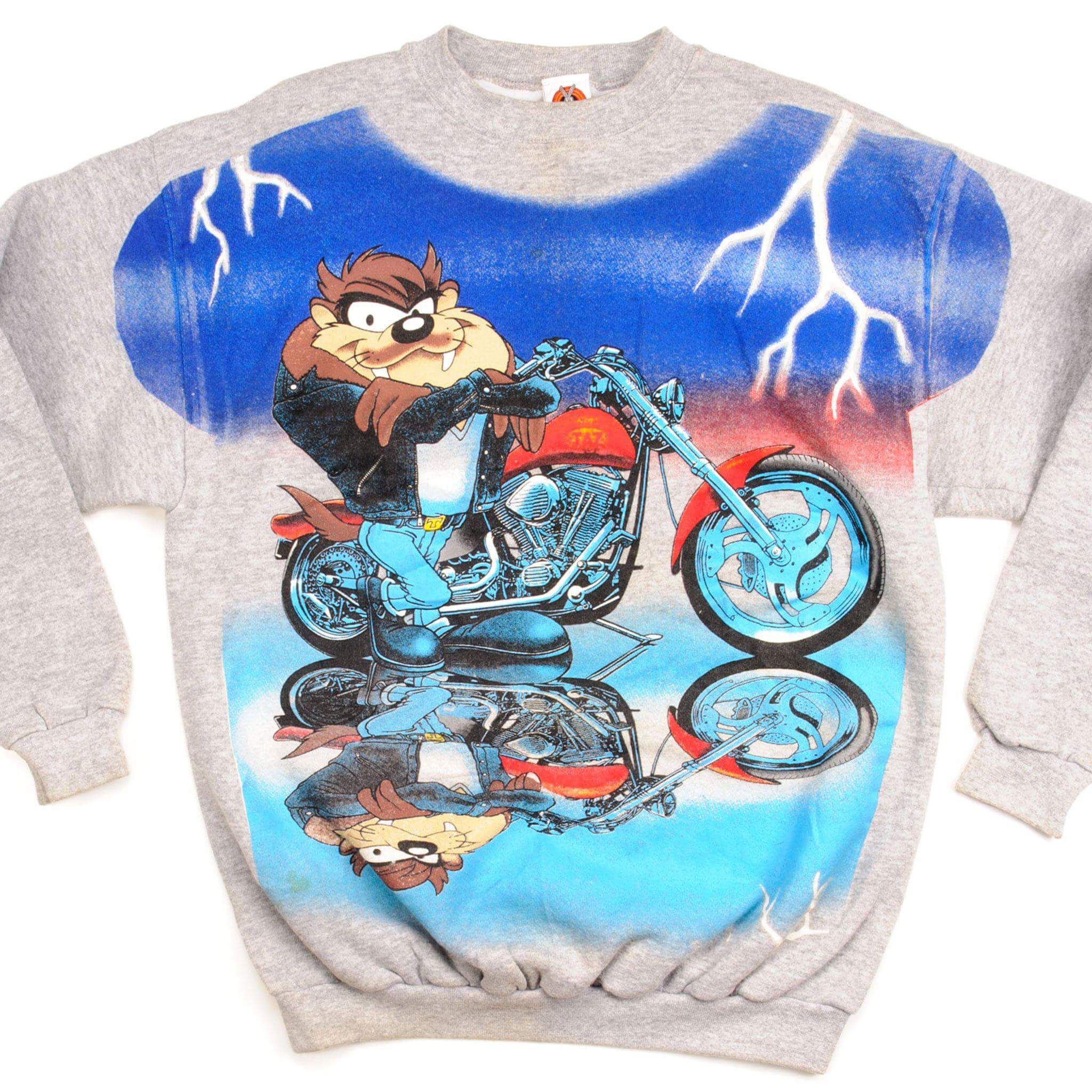taz fahrradtasche VINTAGE LOONEY TUNES TAZ BIKER SWEATSHIRT 1997 SIZE MEDIUM