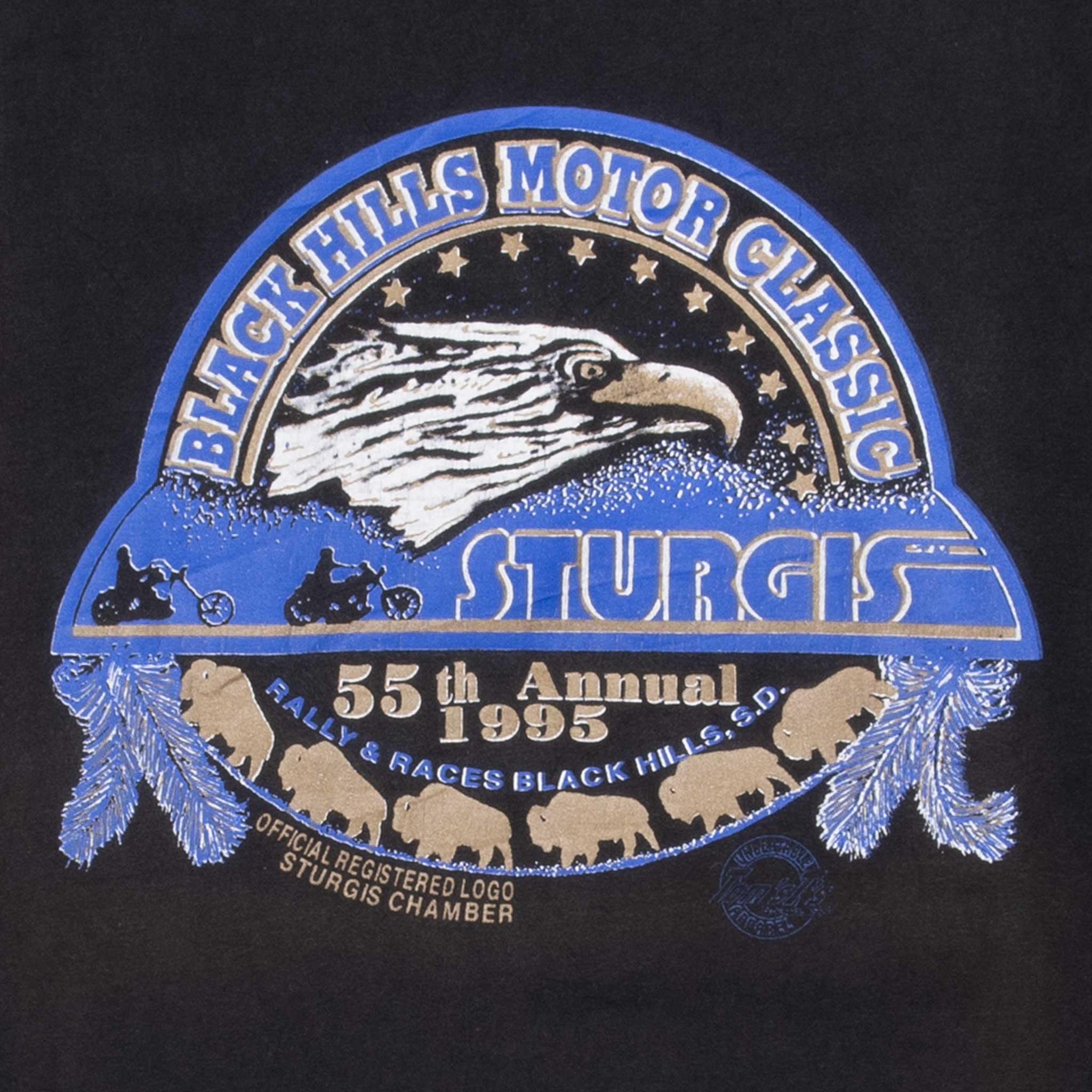 Vintage Biker Sturgis Black Hills Rally 55Th Annual Tee Shirt 1995 Size 2XL Made In Usa With Single Stitch Sleeves