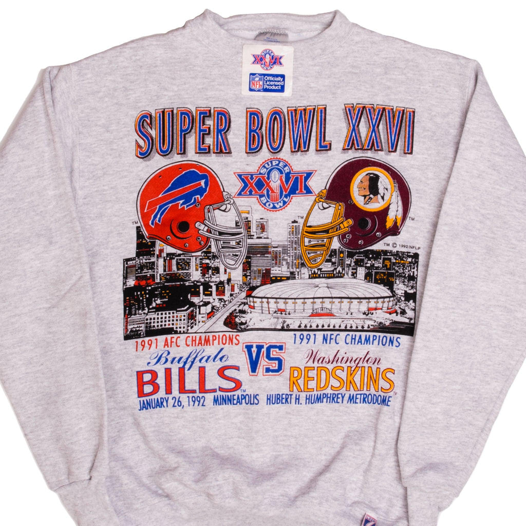 Vintage Deadstock NFL XXVI Super Bowl Buffalos Bills Vs Washington Redskins Sweatshirt 1992 Size Medium Made In USA