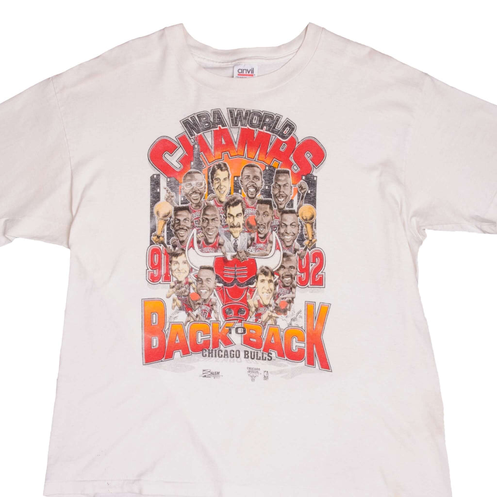 Vintage White NBA Chicago Bulls 1991 1992 Back To Back Champions Tee Shirt Size XL With Single Stitch Sleeves. Made In USA.