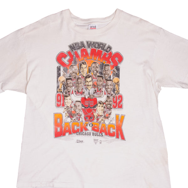 Vintage White NBA Chicago Bulls 1991 1992 Back To Back Champions Tee Shirt Size XL With Single Stitch Sleeves. Made In USA.