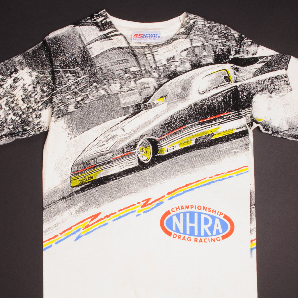 Vintage All Over Print Racing NHRA Championship Drag Racing 1990s Tee Shirt Size Medium With Single Stitch Sleeves, Made In USA
