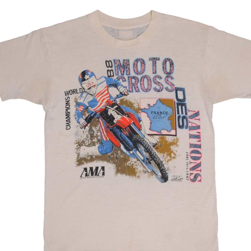 Vintage AMA Motocross Team Usa Nations Tour France 1987 Tee Shirt Size Medium With Single Stitch Sleeves