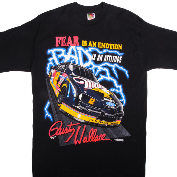 Vintage Nascar Rusty Wallace Number 2 Fear Is An Emotion, Bad Is An Attitude Tee Shirt Size L. With Single Stitch Sleeves.