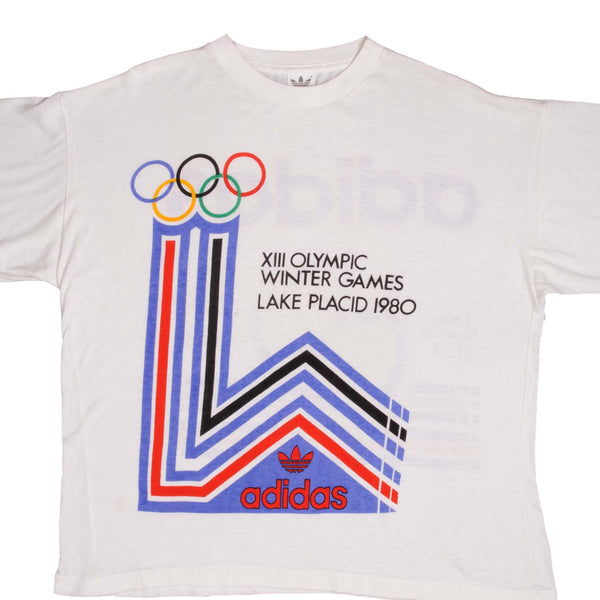 Vintage Adidas XIII Olympic Winter Games Lake Placid Tee Shirt 1980 Size Medium With Single Stitch Sleeves.