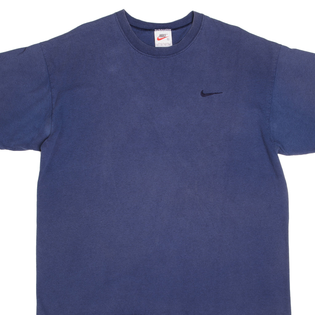 Vintage Nike Small Swoosh Embroidered Blue Striped Tee Shirt Late 1990s Size XL Made In USA