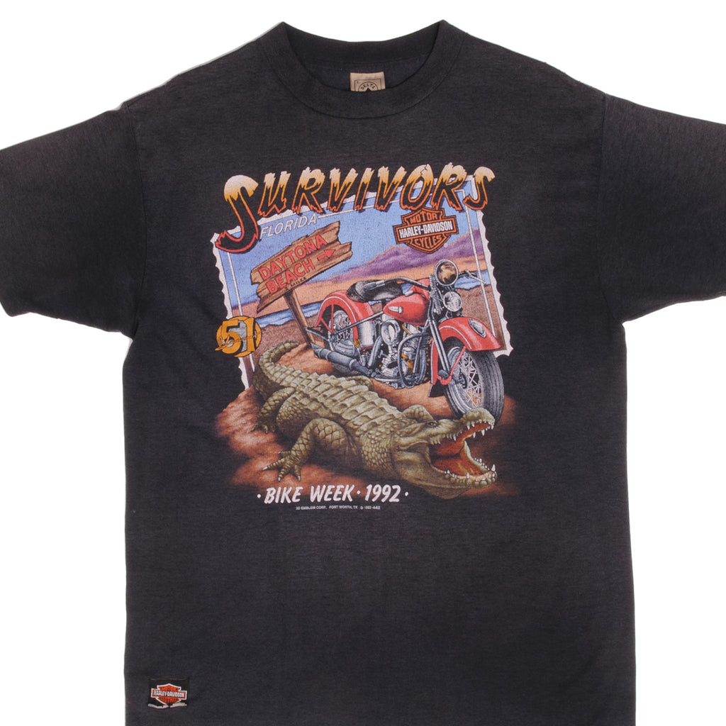 Vintage Harley Davidson Survivors Beach Week 1992 Tee Shirt Size Large With Single Stitch Sleeves.