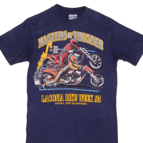 Vintage Harley Davidson Master Of Thunder Laconia Bike Week 95 Epping, New Hampshire All Harley Drag Racing Tee Shirt 1995 Size Medium Made In Usa With Single Stitch Sleeves