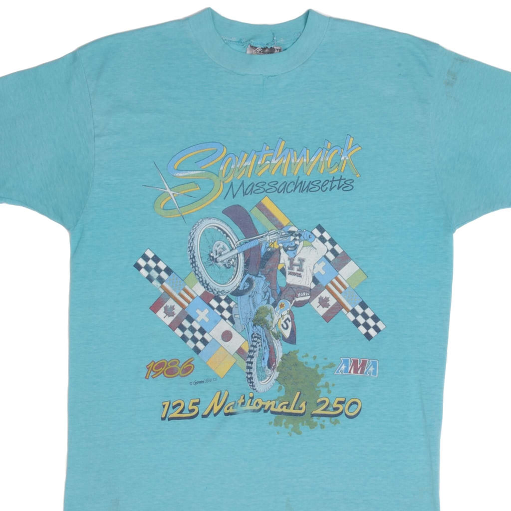 Vintage AMA Southwich Massachusetts 125 Nationals 250 1986 Tee Shirt Size Medium Made In USA With Single Stitch Sleeves