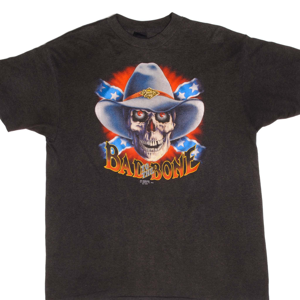 Vintage 3D Emblem Trucker Only Bad To The Bone Tee Shirt Size Large Made In USA With Single Stitch Sleeves