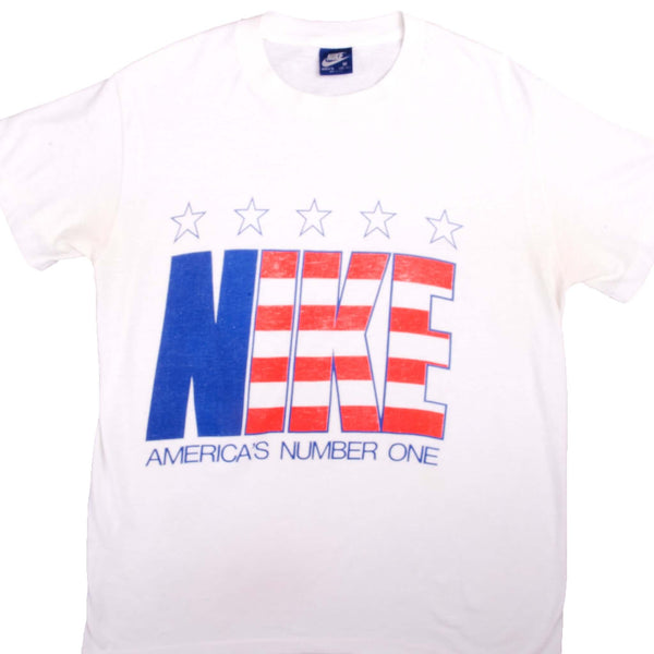 Vintage White Nike Americas Number One Tee Shirt 1984-1987 Size M Made In USA With Single Stitch Sleeves. Nike Blue Label.