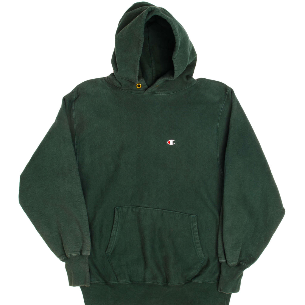 Vintage Green Reverse Weave Champion Hoodie Sweatshirt 1990S Size Large Made In USA