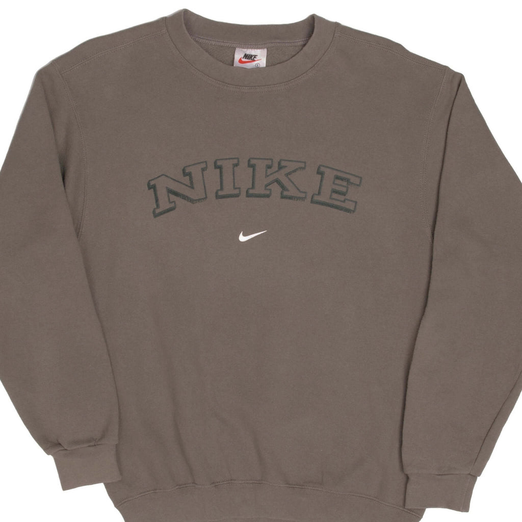 Vintage Beige Brown Nike Swoosh Spellout Crewneck Sweatshirt 1990S Size Small Made In USA