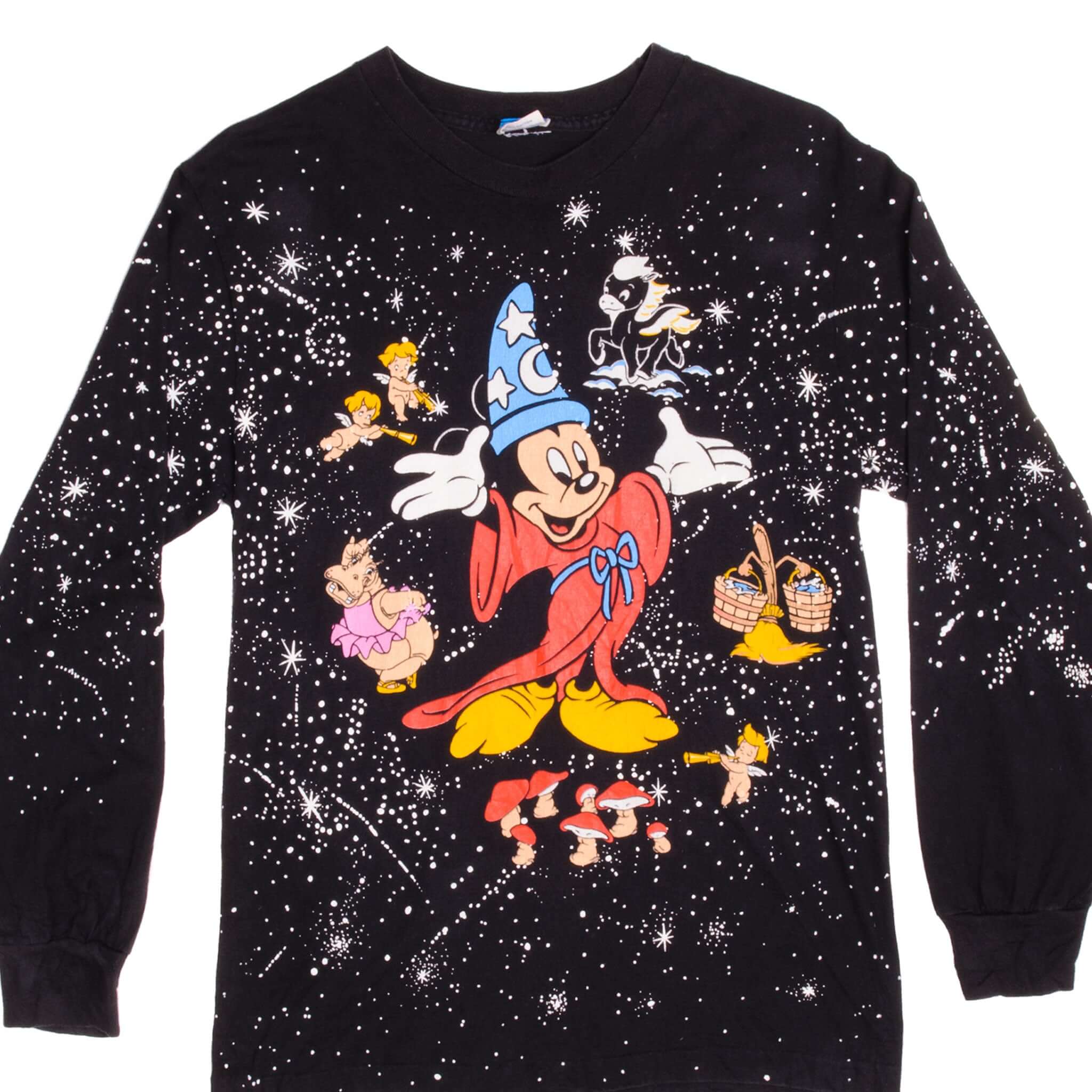 Vintage Disney Fantasia 50 Years Anniversary With Mickey Mouse As The Sorcerer Long Sleeve Tee Shirt 1990's Size Medium Made In USA.