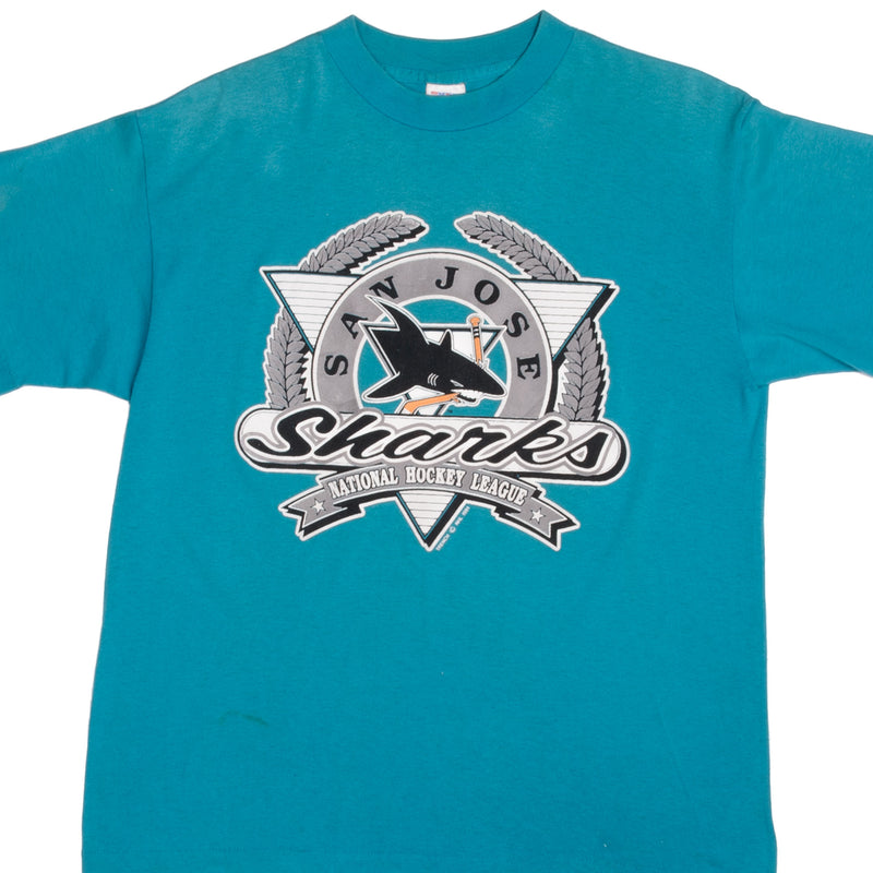 Vintage NHL San Jose Sharks Tee Shirt 1991 Size L With Single Stitch Sleeves. Made In USA. Trench