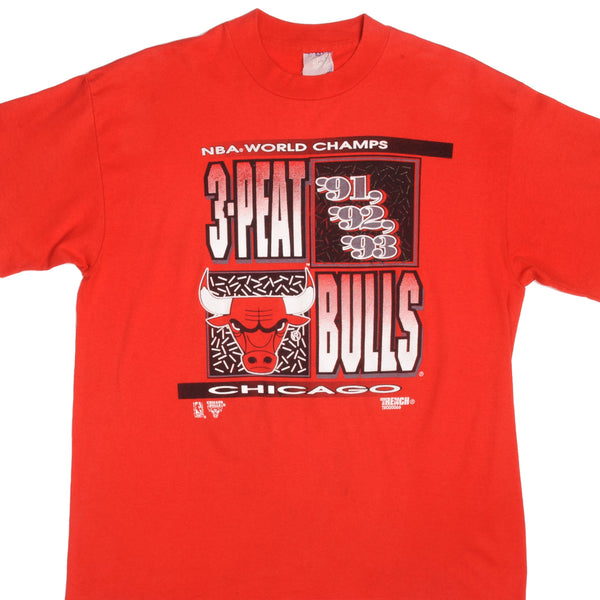 Vintage Red NBA Chicago Bulls 1991 1992 1993 World Champs Tee Shirt Size XLarge. Made In USA