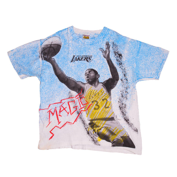 Vintage NBA All Over Print Magic Johnson Los Angeles Lakers Tee Shirt 1990S Size XL With Single Stitch Sleeves.