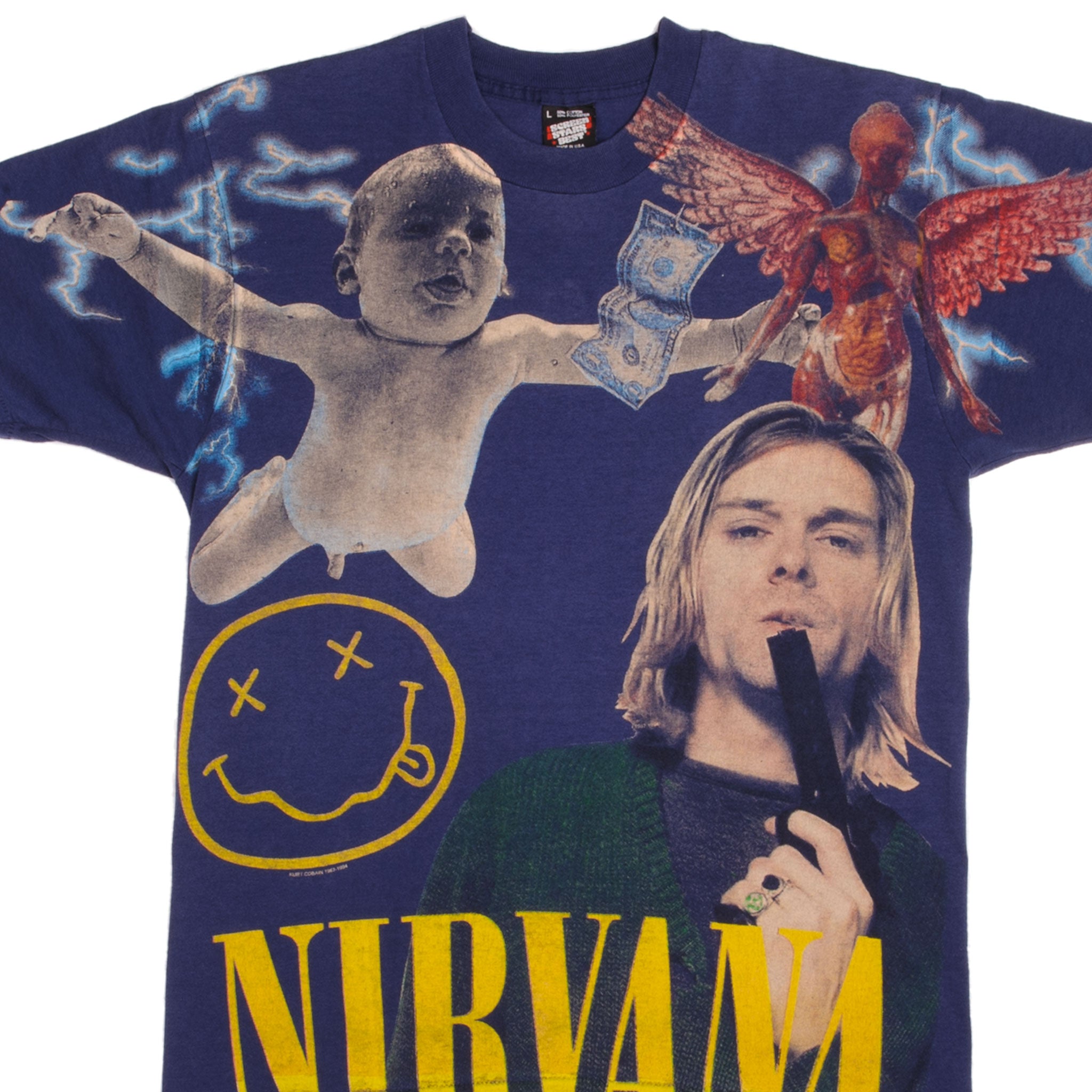 Vintage Bootleg All Over Print Nirvana Kurt Cobain 1994 Tee Shirt Size –  Vintage Rare Usa