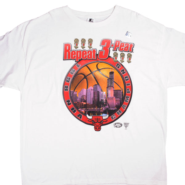 Vintage Dead Stock White NBA Chicago Bulls 1998 Champion Repeat 3-Peat Tee Shirt Size 2XLarge. Made In USA