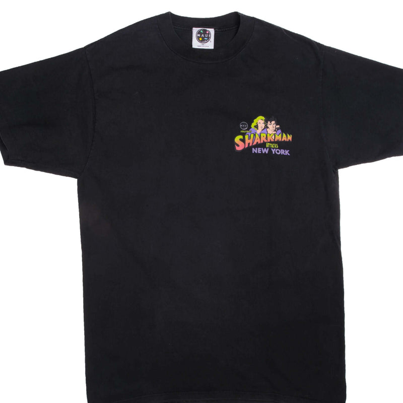 Vintage Maui and Sons World Sharkman Attacks New York Tee Shirt 1990 Size Medium Made In USA with single stitch sleeves.