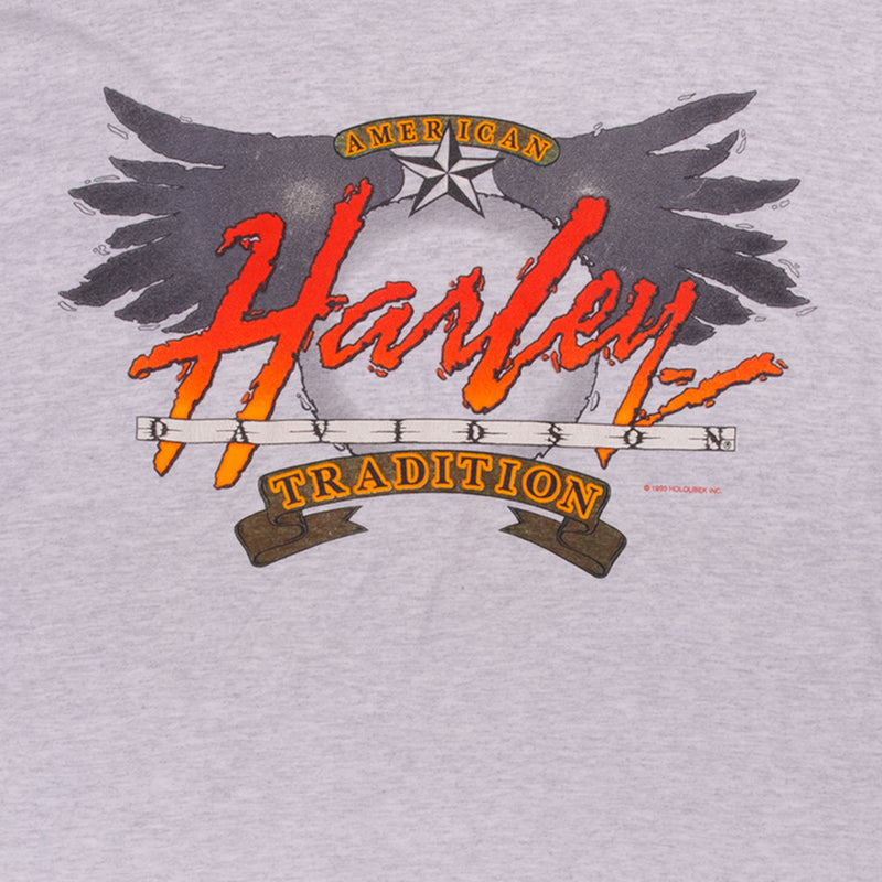 Vintage Grey American Tradition Harley Davidson Burlington, VT 1993 T Shirt Size XLarge With Single Stitch Sleeves. Made In USA.