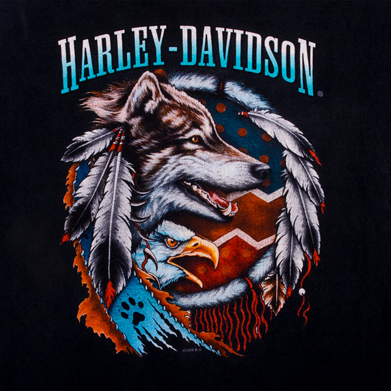 Vintage Blue Harley Davidson Wolf And Eagle Shirt 1996 Size M With Single Stitch Sleeves. Made In USA