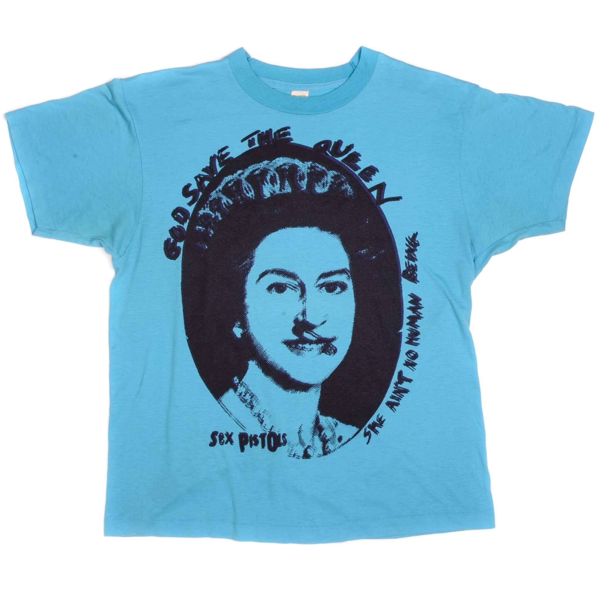 Vintage Sex Pistols God Save The Queen She Aint No Human Being Screen Stars Tee Shirt 1980s Size Medium Made In USA with single stitch sleeves.