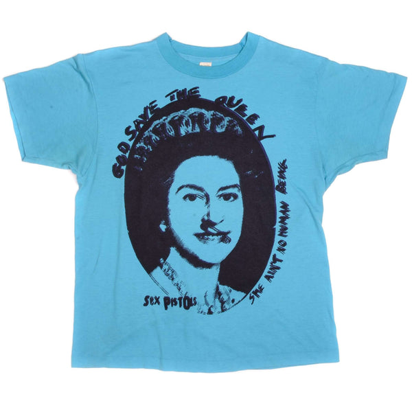 Vintage Sex Pistols God Save The Queen She Aint No Human Being Screen Stars Tee Shirt 1980s Size Medium Made In USA with single stitch sleeves.