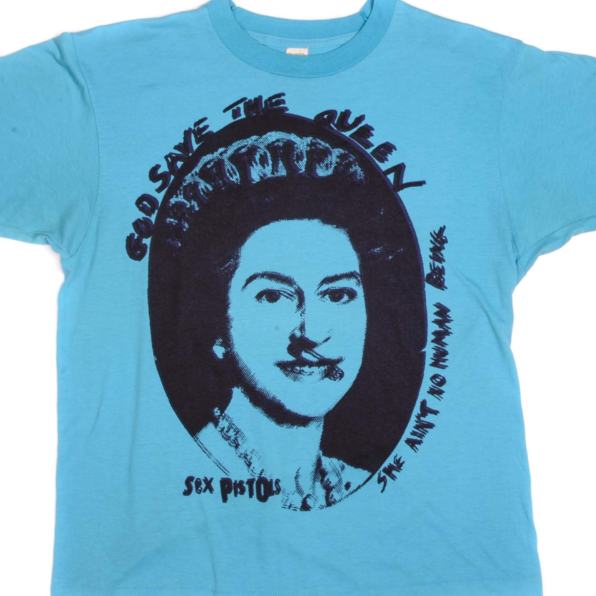 Vintage Sex Pistols God Save The Queen She Aint No Human Being Screen Stars Tee Shirt 1980s Size Medium Made In USA with single stitch sleeves.