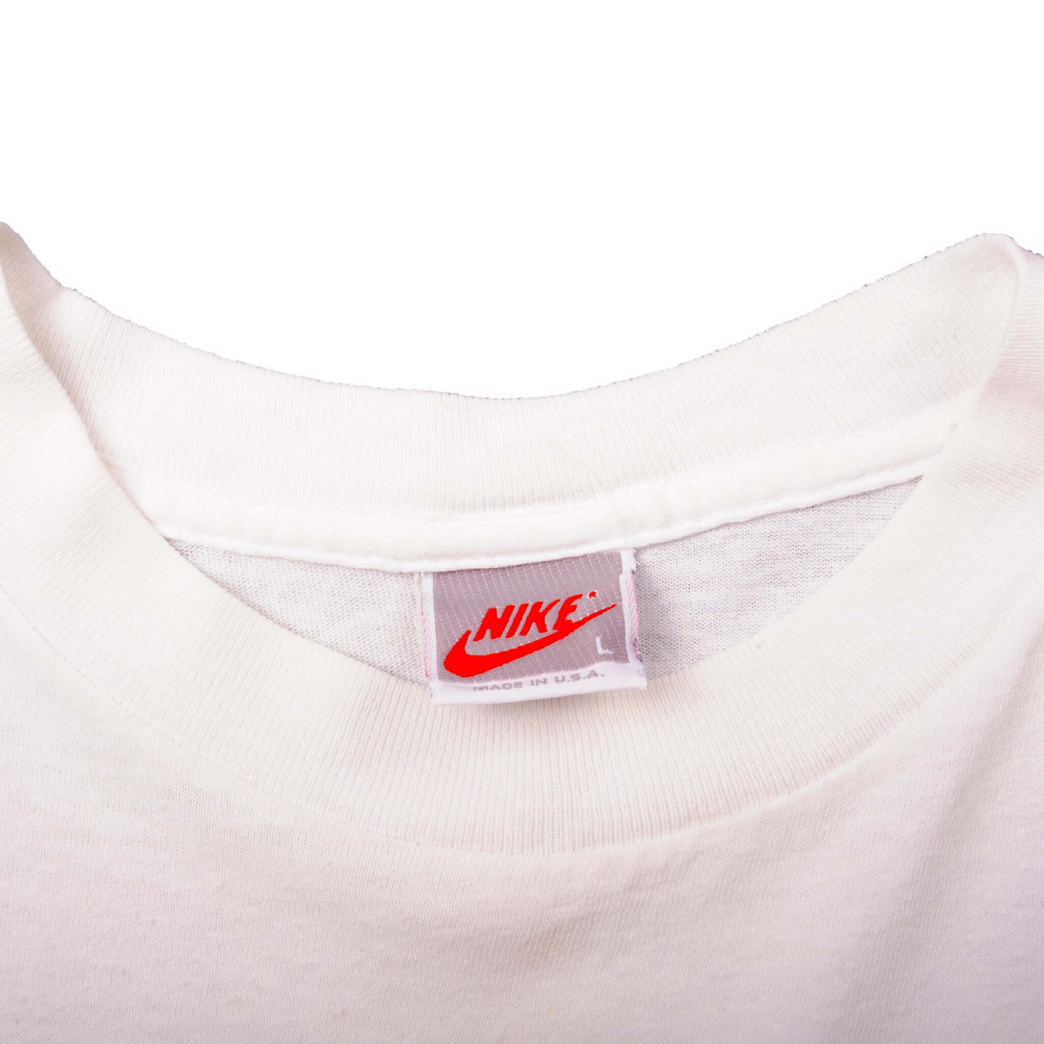 Vintage White Nike Big Logo Tee Shirt 1987-1994 Size L Made In USA With Single Stitch Sleeves. Nike Grey Label.
