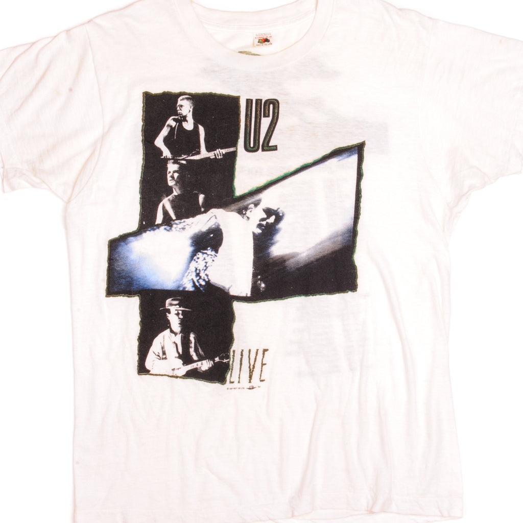 Vintage U2 Live The Joshua Tree Tour Fruit Of The Loom Tee Shirt 1987 Size Large Made In USA With Single Stitch Sleeves.