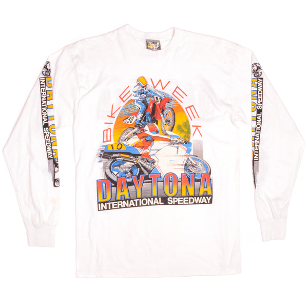 Vintage Bike Week Daytona International Speedway Long Sleeves Skimmers Tee Shirt 1990s Size Medium Made In USA.