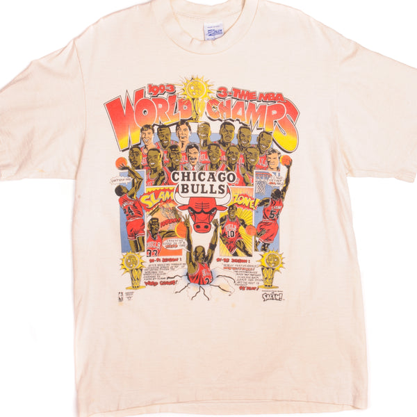 Vintage Chicago Bulls 3 Time NBA World Champs Salem Sportswear Tee Shirt 1993 Size Medium Made In USA With Single Stitch Sleeves.