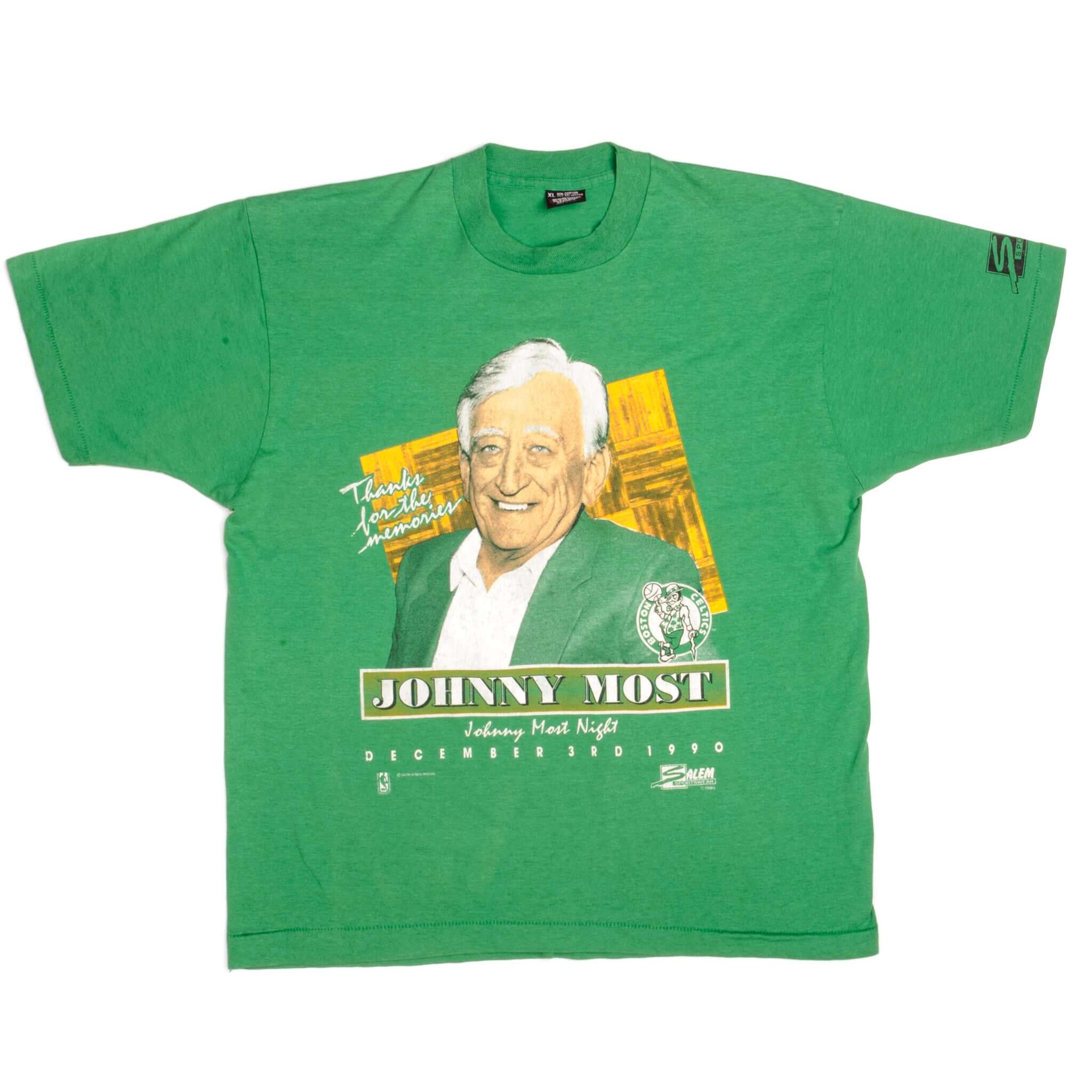Vintage Boston Celtics Johnny Most Tee Shirt 1990 Size Large Made In USA With Single Stitch Sleeves.