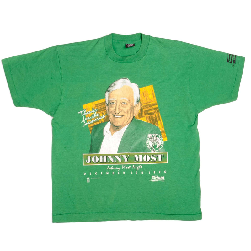 Vintage Boston Celtics Johnny Most Tee Shirt 1990 Size Large Made In USA With Single Stitch Sleeves.