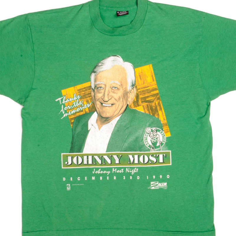Vintage Boston Celtics Johnny Most Tee Shirt 1990 Size Large Made In USA With Single Stitch Sleeves.