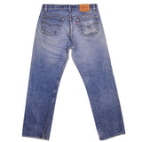 Beautiful Indigo Levis 501 Jeans Made in USA with a medium blue wash and a nice contrast of light and medium blue.  Size on Tag 36X34  ACTUAL SIZE 32X30  Back Button #524