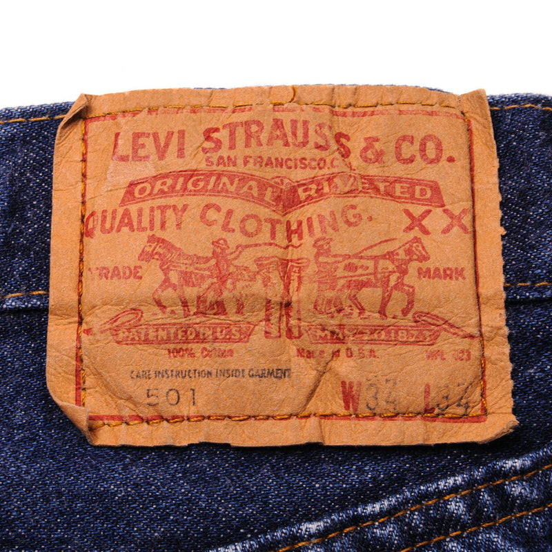Beautiful Indigo Levis 501 Jeans with selvedge 1980s Made in USA with a medium blue wash and a nice contrast of light and medium blue.  Size on Tag 34X34  ACTUAL SIZE 32X30  Back Button #6