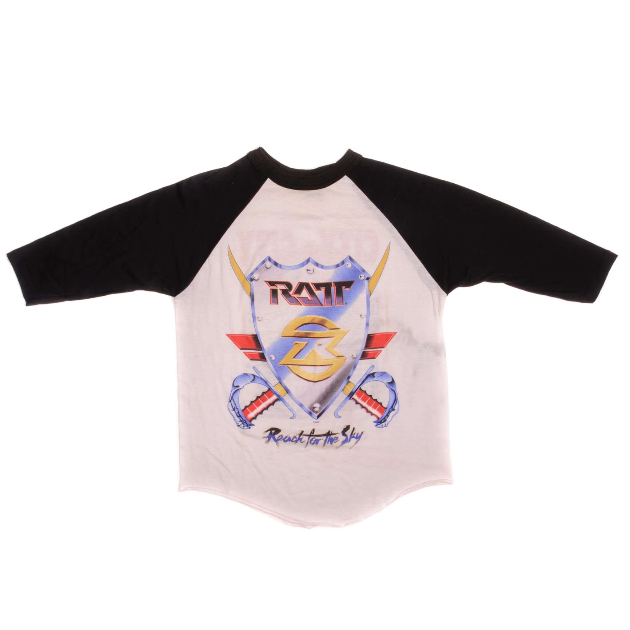 Vintage RATT Reach For The Sky City To City World Tour Signal Raglan Tee Shirt 1989 Size Medium Made In USA with single stitch sleeves.