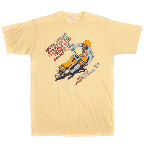 Vintage Motocross des Nations & Trophee Des Nations Sportswear Tee Shirt 1981 Size Medium Made In USA with single stitch sleeves.